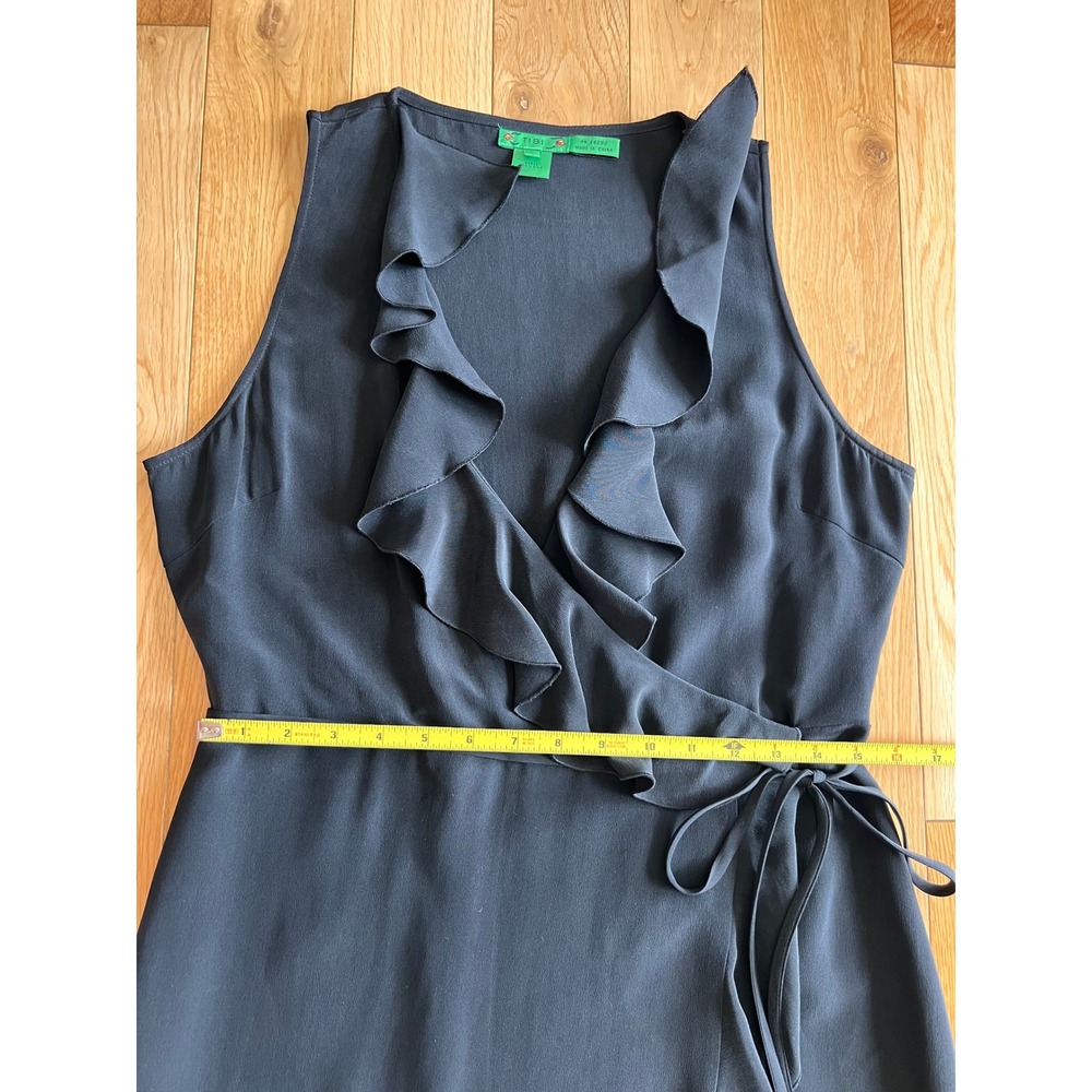 TIBI 100% Silk Wrap Ruffle Midi Dress Black V-Neck Sleeveless Womens Size Large - Picture 5 of 9